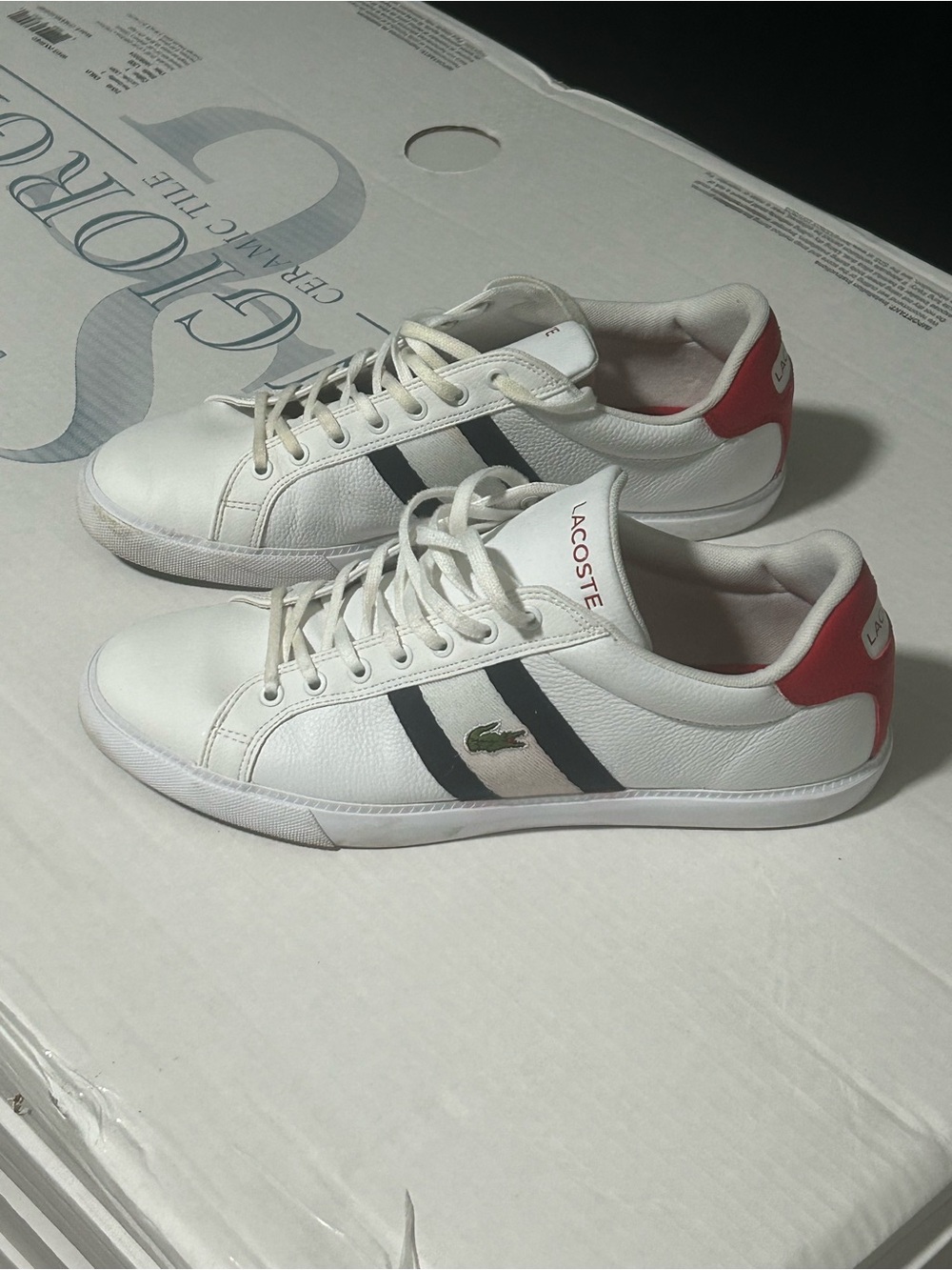 Lacoste White Leather Sneakers with Navy Stripes and Red Heel Tab